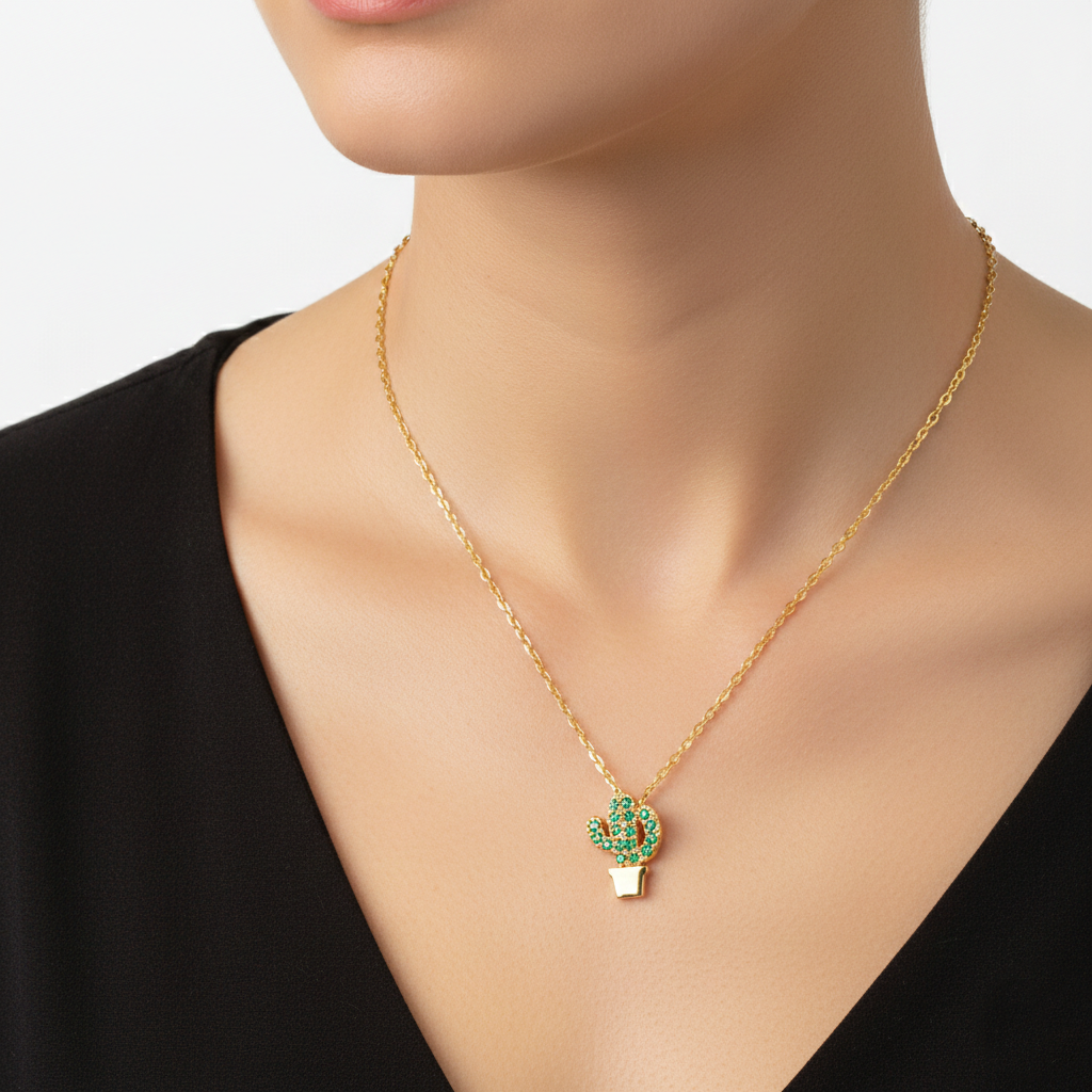 Dainty Crystal Potted Cactus Pendant Necklace