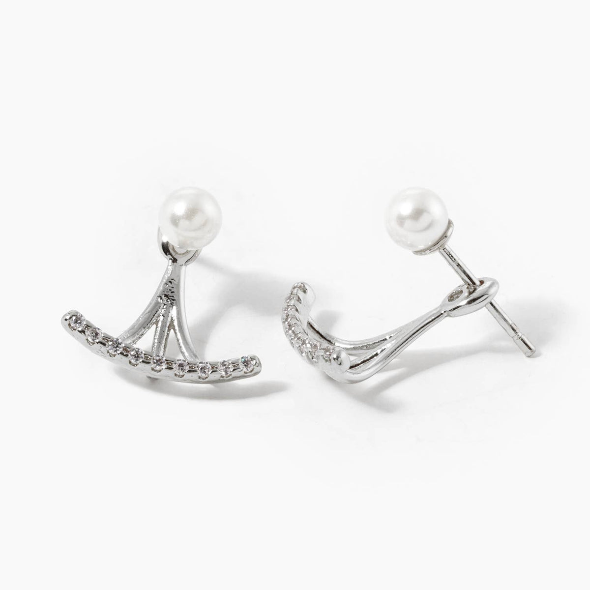 18K Gold Dipped CZ Pave Curved Bar with Pearl Stud Earring