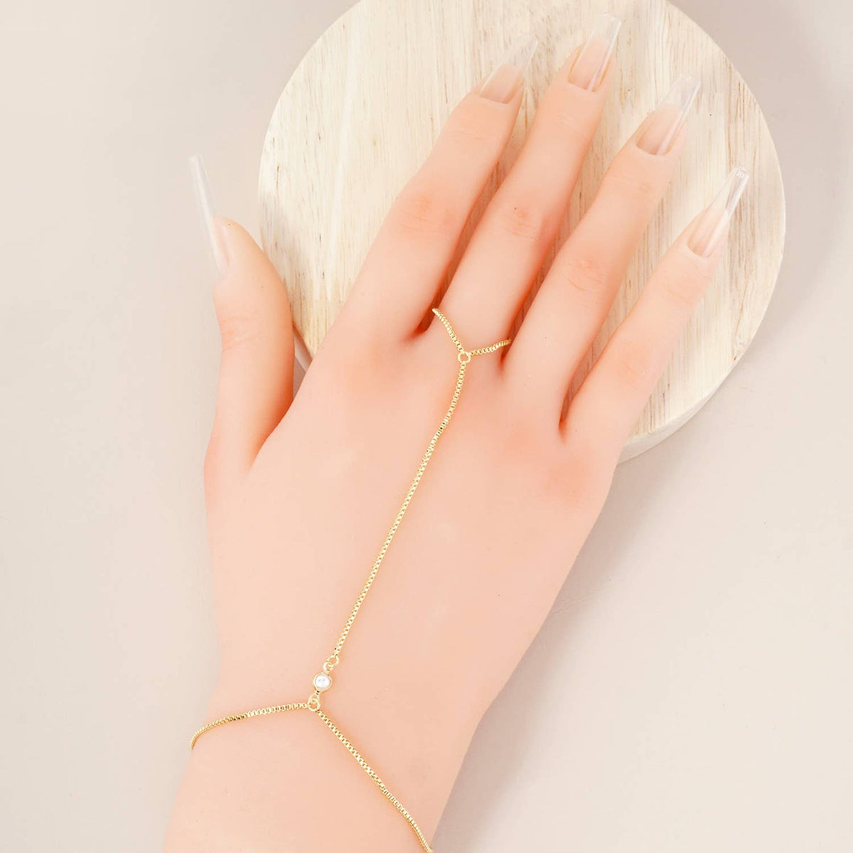 4mm Pearl Accent 1mm Square Box Hand-Chain Braceclet