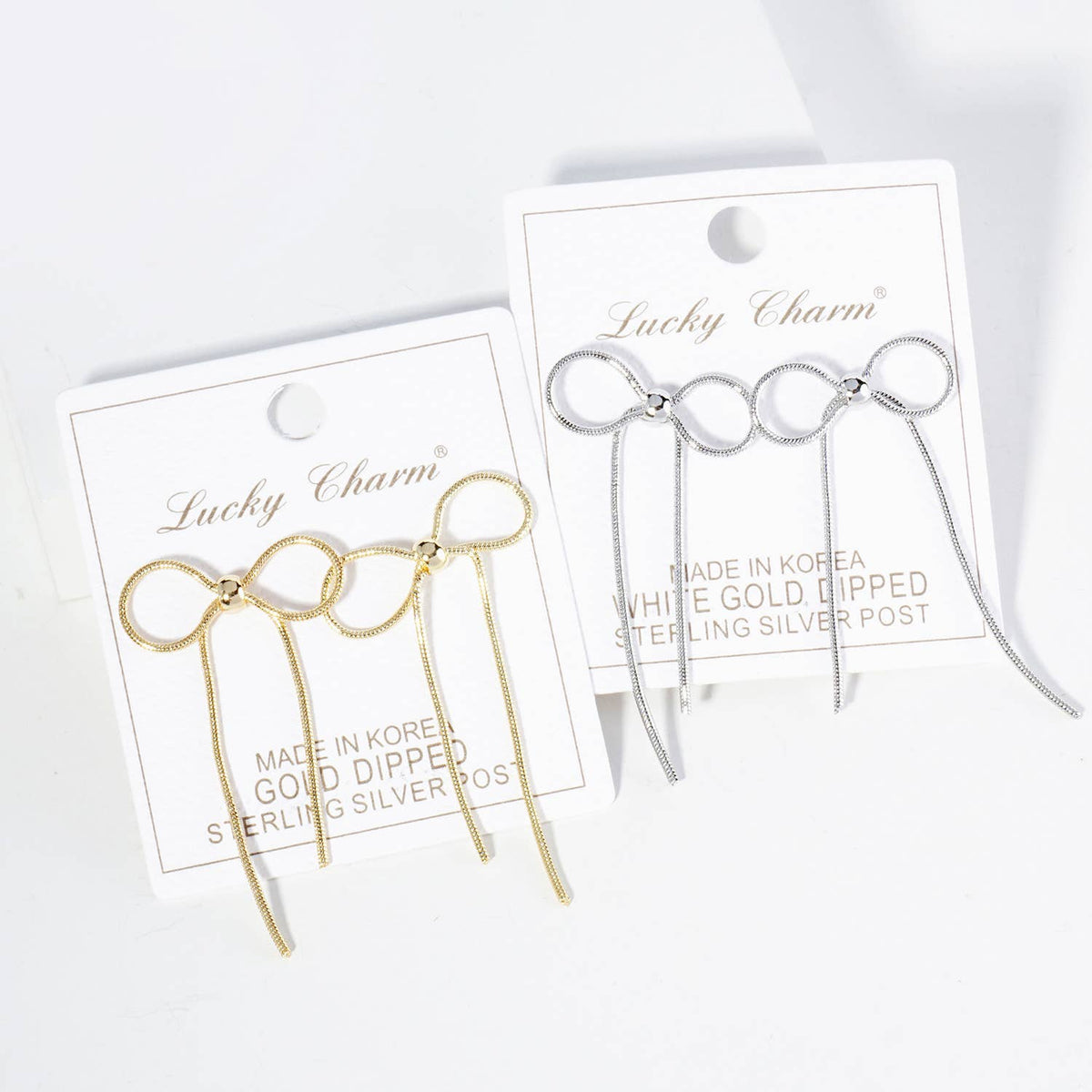 Snake Chain Ribbon Bow Drop Post Earrings / 18K Gold Dipped