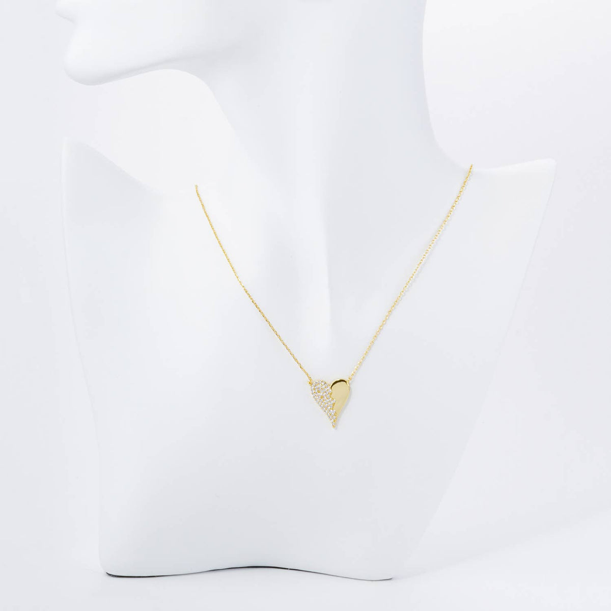 Heart Pendant Necklace / Half Cubic Zirconia Pave / 18K Gold