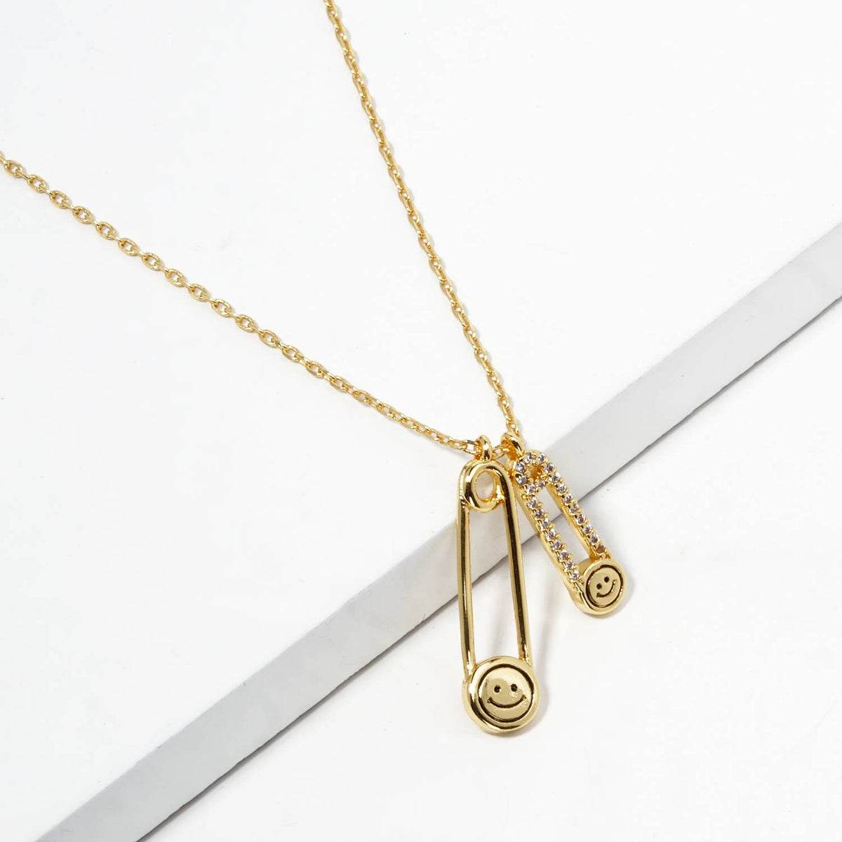 18K Gold Dipped CZ Pave Smiley Face Safety Pin Necklace