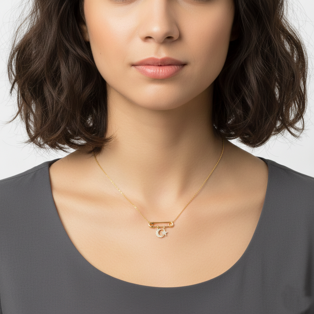 Minimalist Safety Pin Celestial Charm Necklace