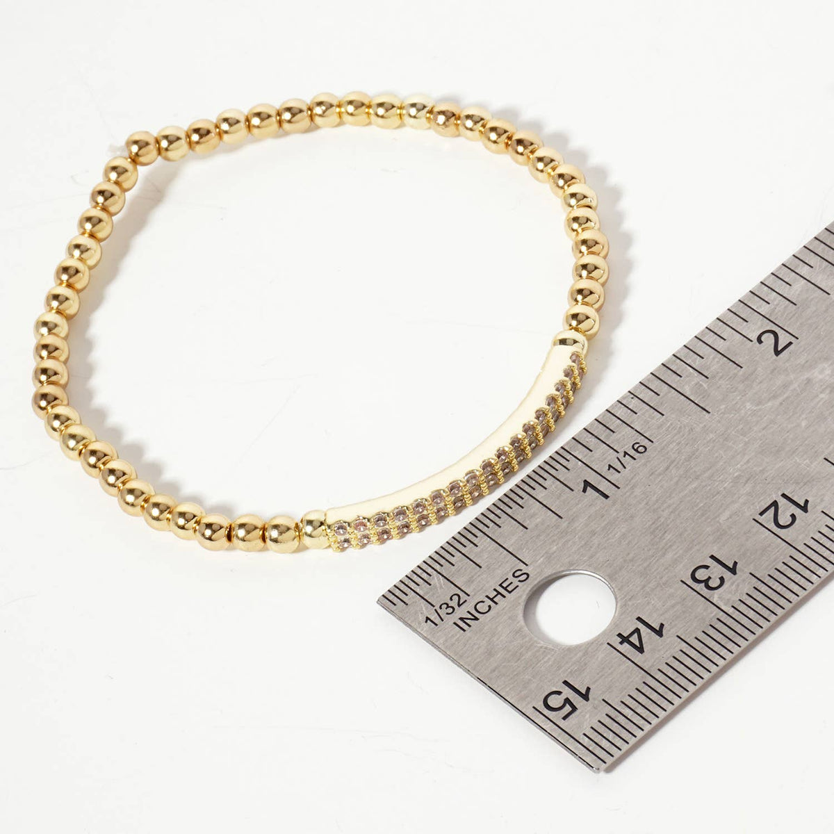 Beaded Stretch with CZ Pave-Set Curved Bar Accent Bracelet