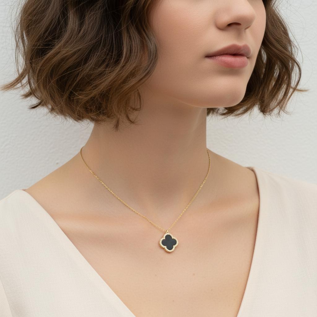 Elegant Pavé Edge Four-Leaf Clover Pendant Necklace