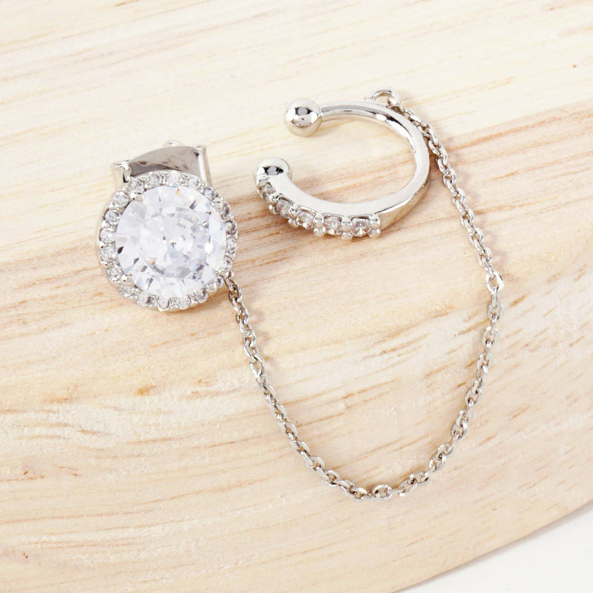 4-Prong 7mm Ear Cuff Drape Chain Earring Set