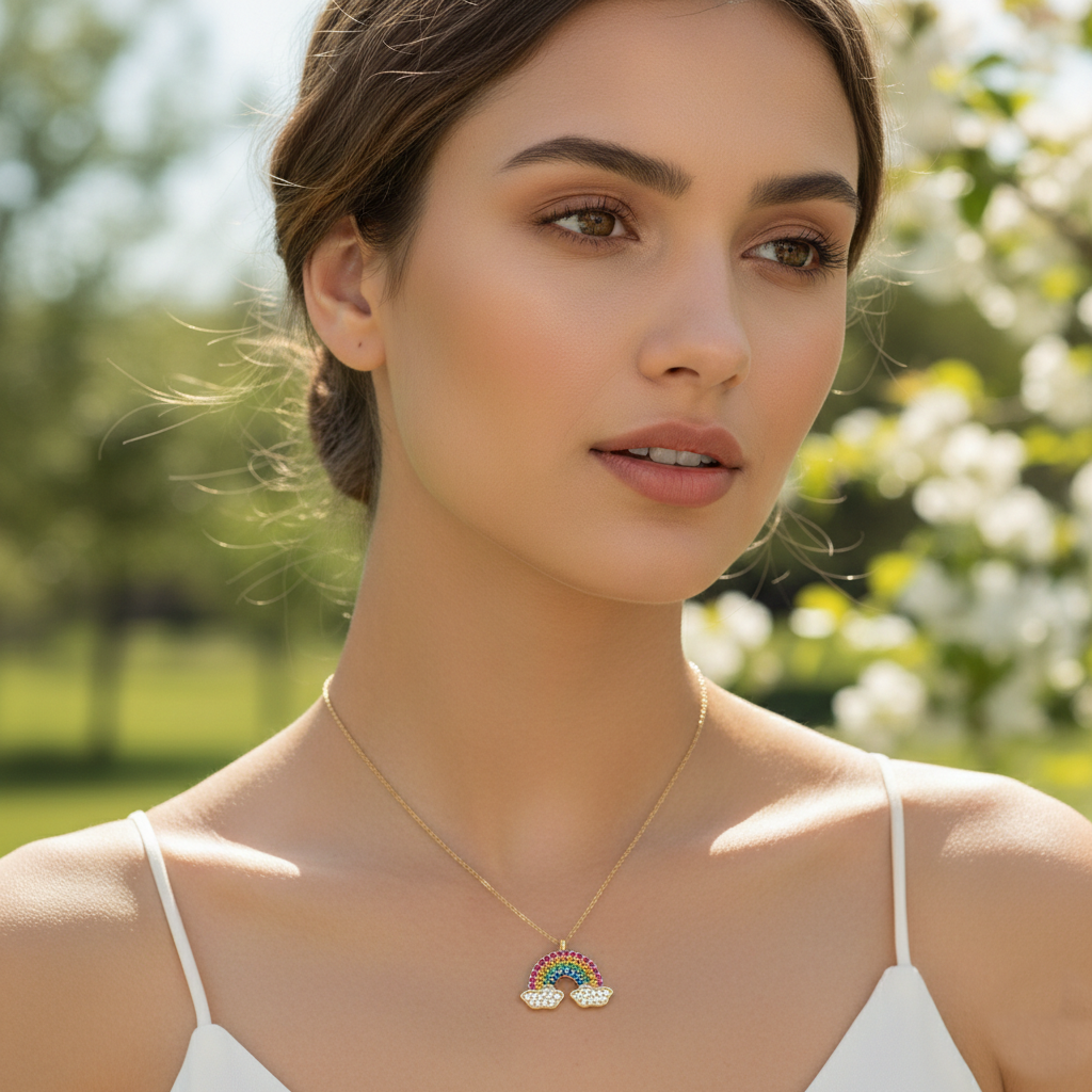 Colorful Pave Set Cubic Zirconia Rainbow Pendant Necklace.