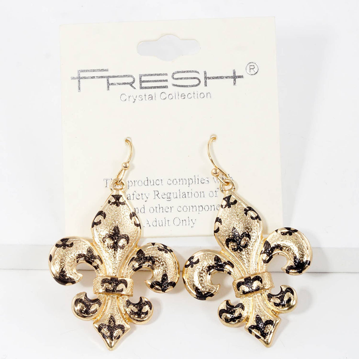 Gold Plated Black Spotted Fleur De Lis Dangle Earrings