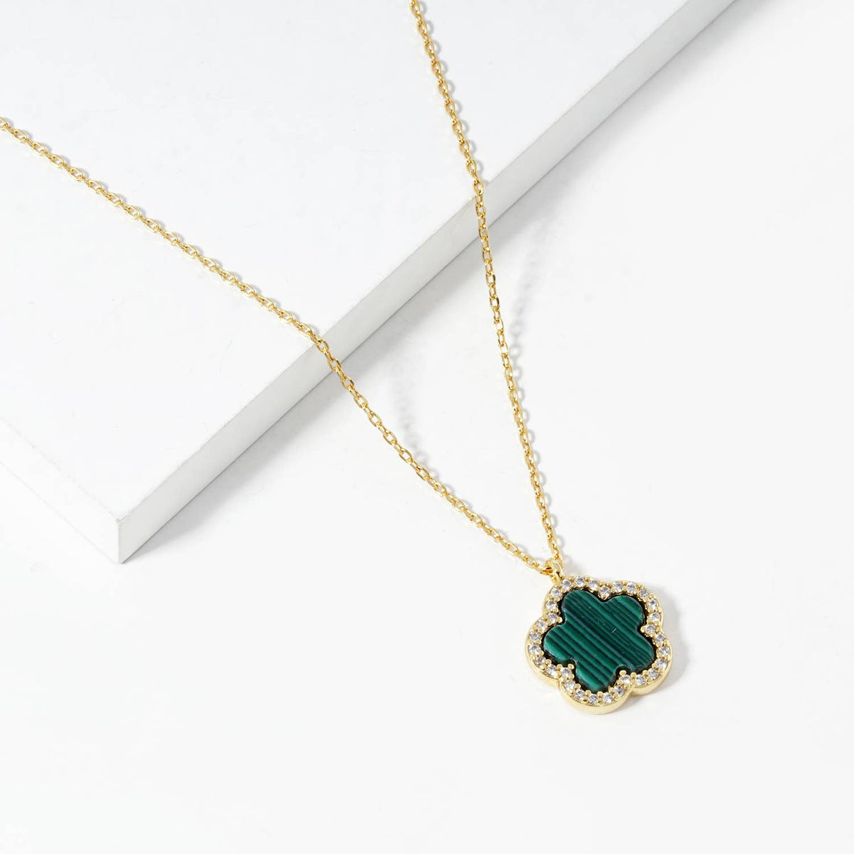 Clover Flower Pendant Necklace with Crystal Border