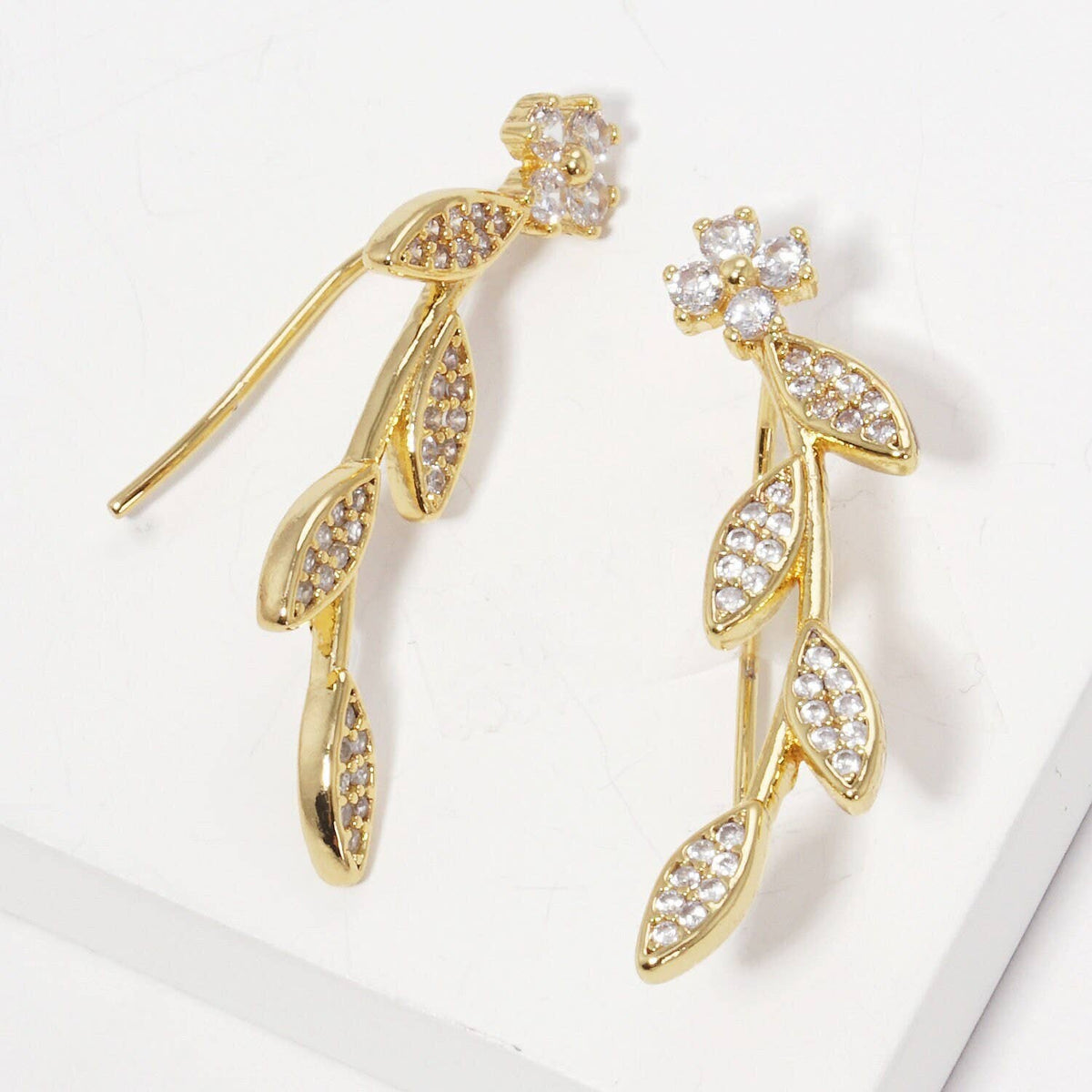 Gold Daisy Leaf Ear Climber Earrings