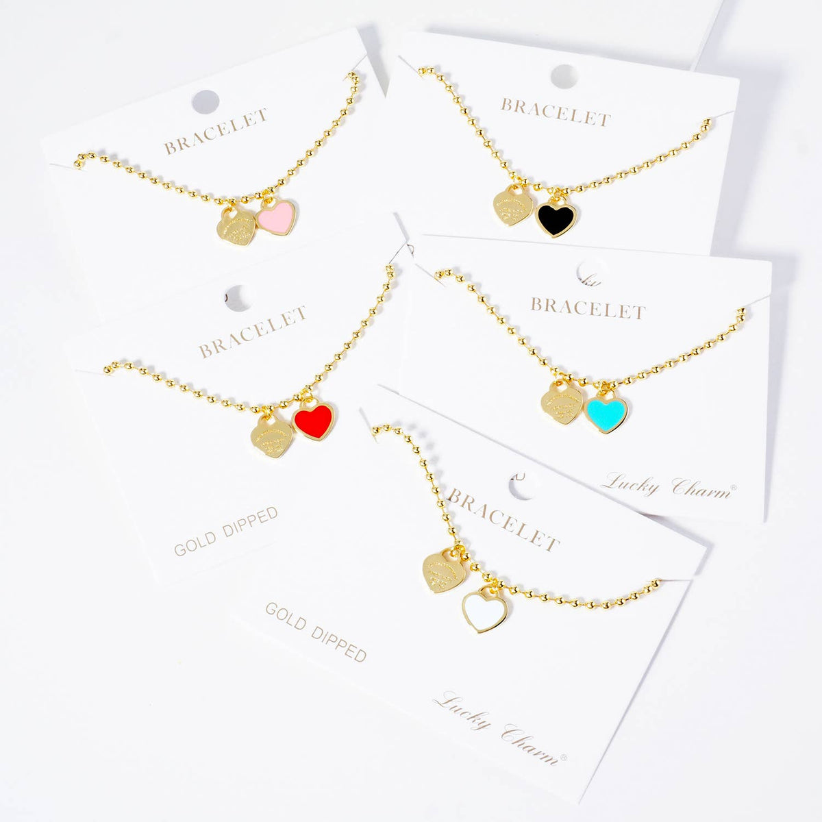 Double Heart Charm Bead Chain Bracelet - Gold & White Gold D