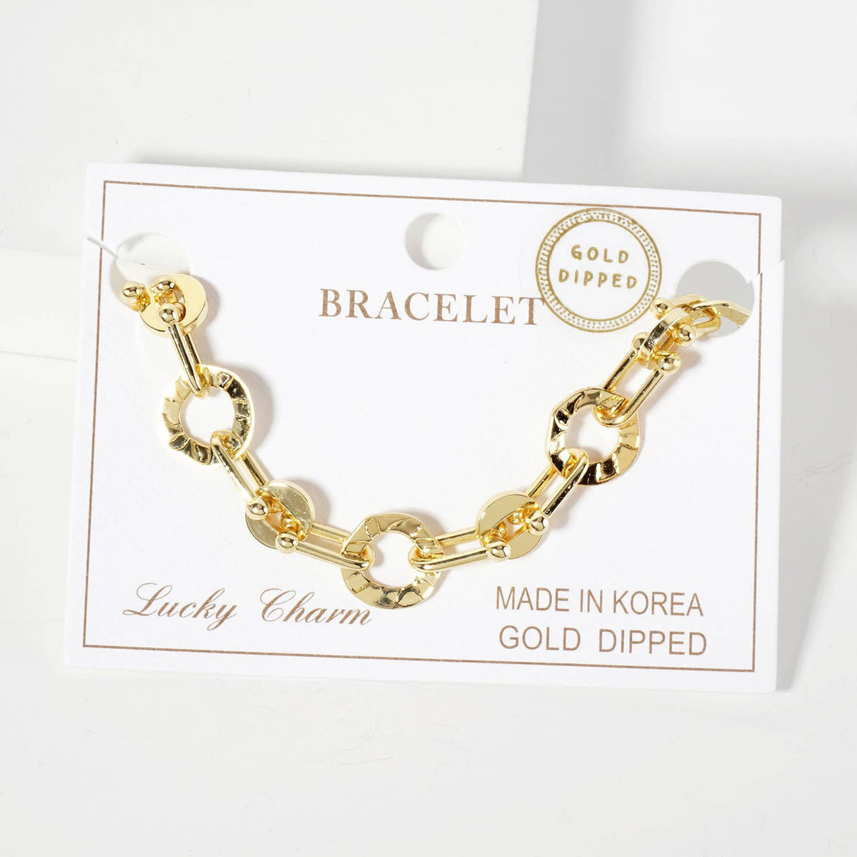 Polished Brass Textured Circle Links with Chain Bracelet