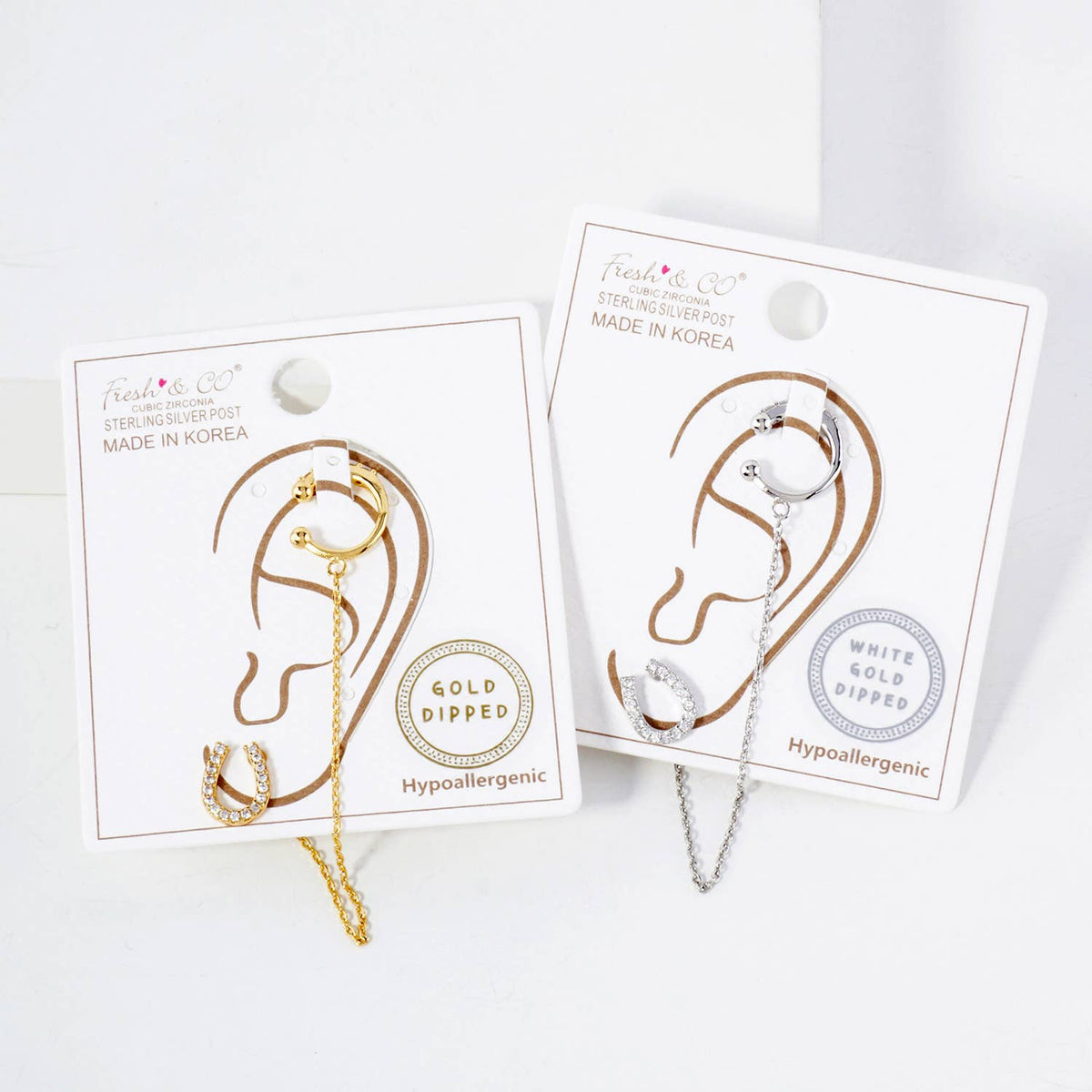 Horseshoe Stud and Ear Cuff Drape Chain Earring Set