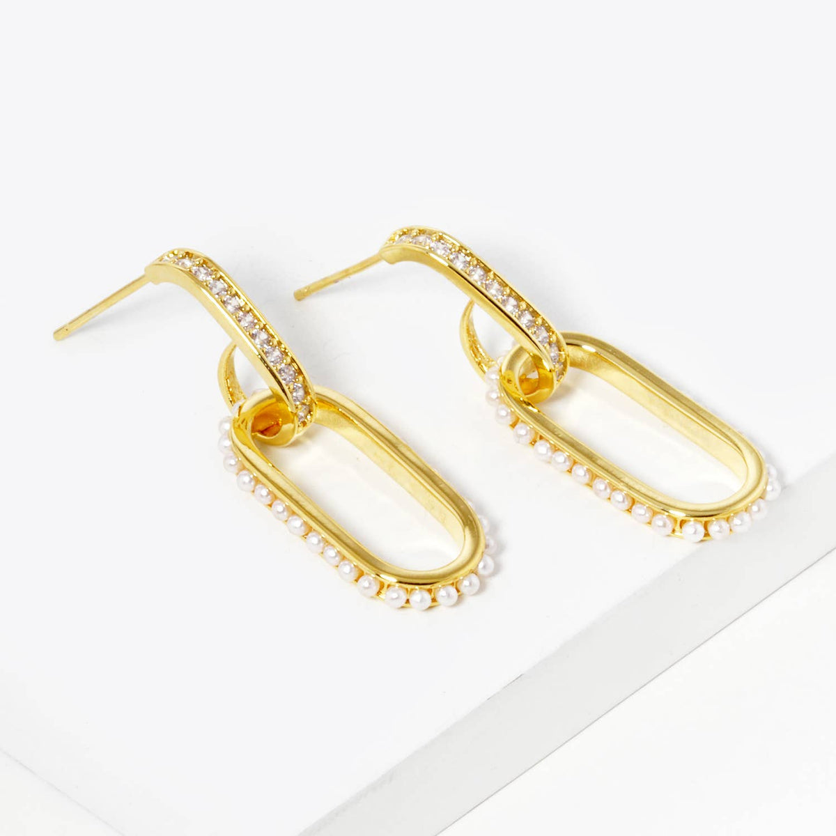 Geometric Pave Oval & Pearl Drop Earrings