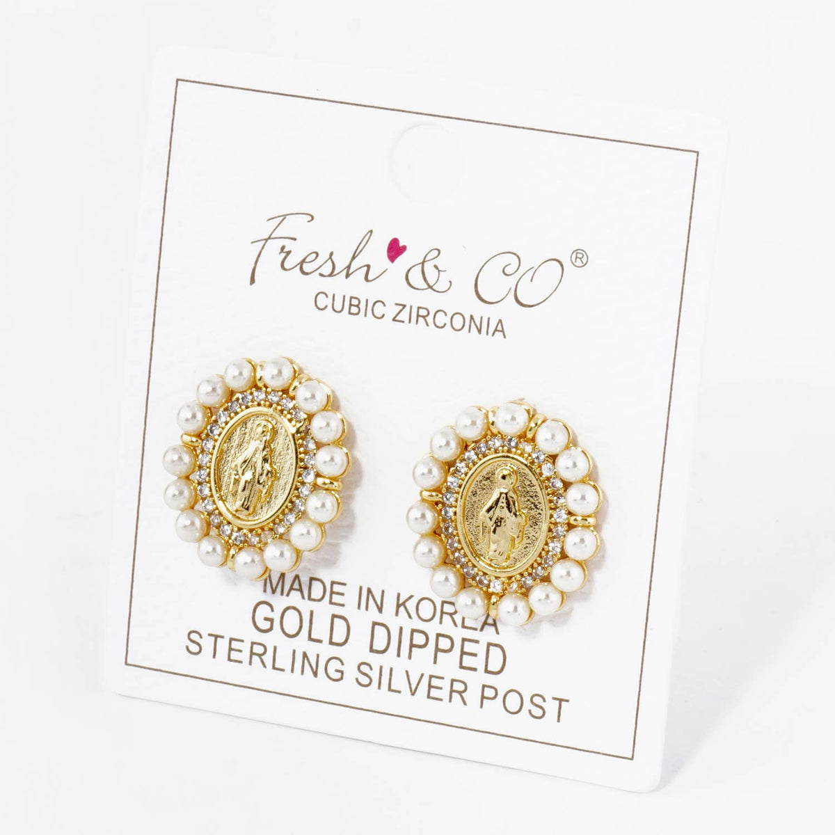 3MM PEARL BEADED CZ OVAL MIRACULOUS MEDAL STUD EARRINGS