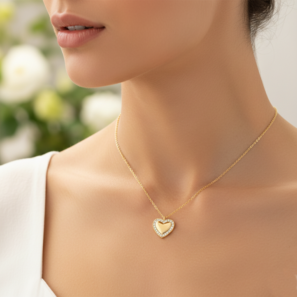 Moon Cutout CZ Pave Heart Pendant Necklace / 18K Gold Dipped