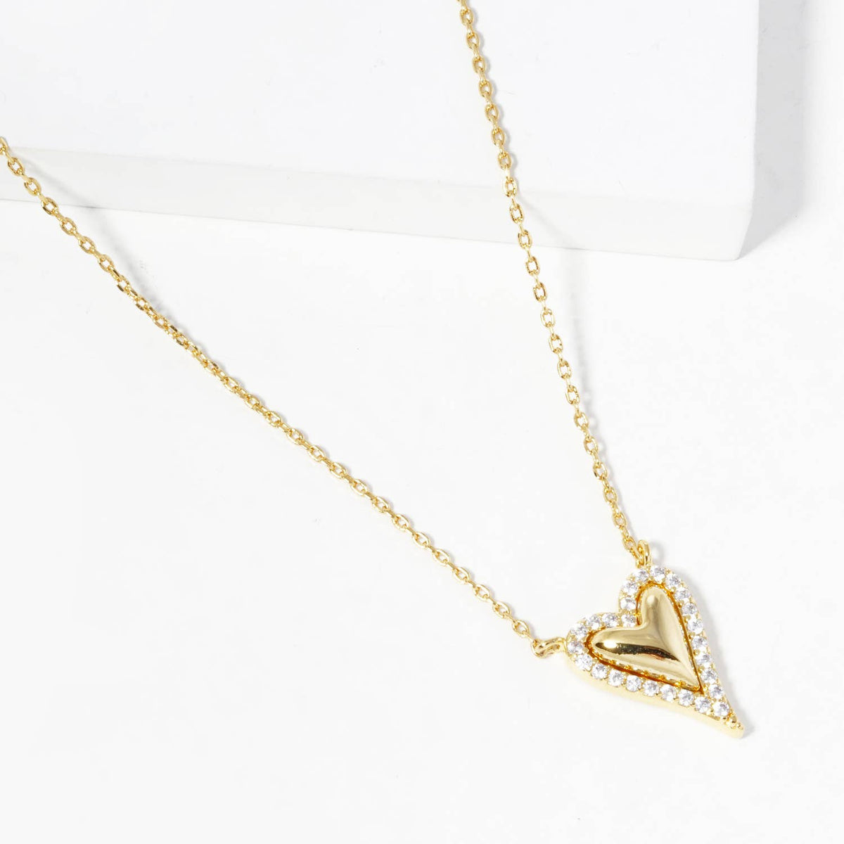 Dainty Pave Border Puffy Heart Pendant Necklace
