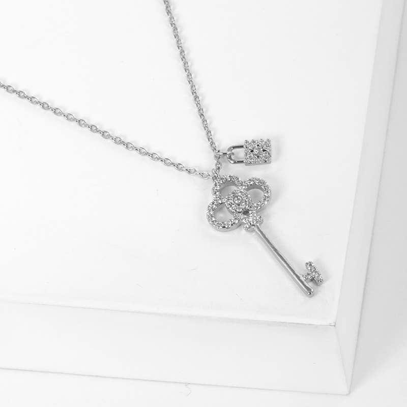 Pave Clover Key and Lock Pendant Necklace