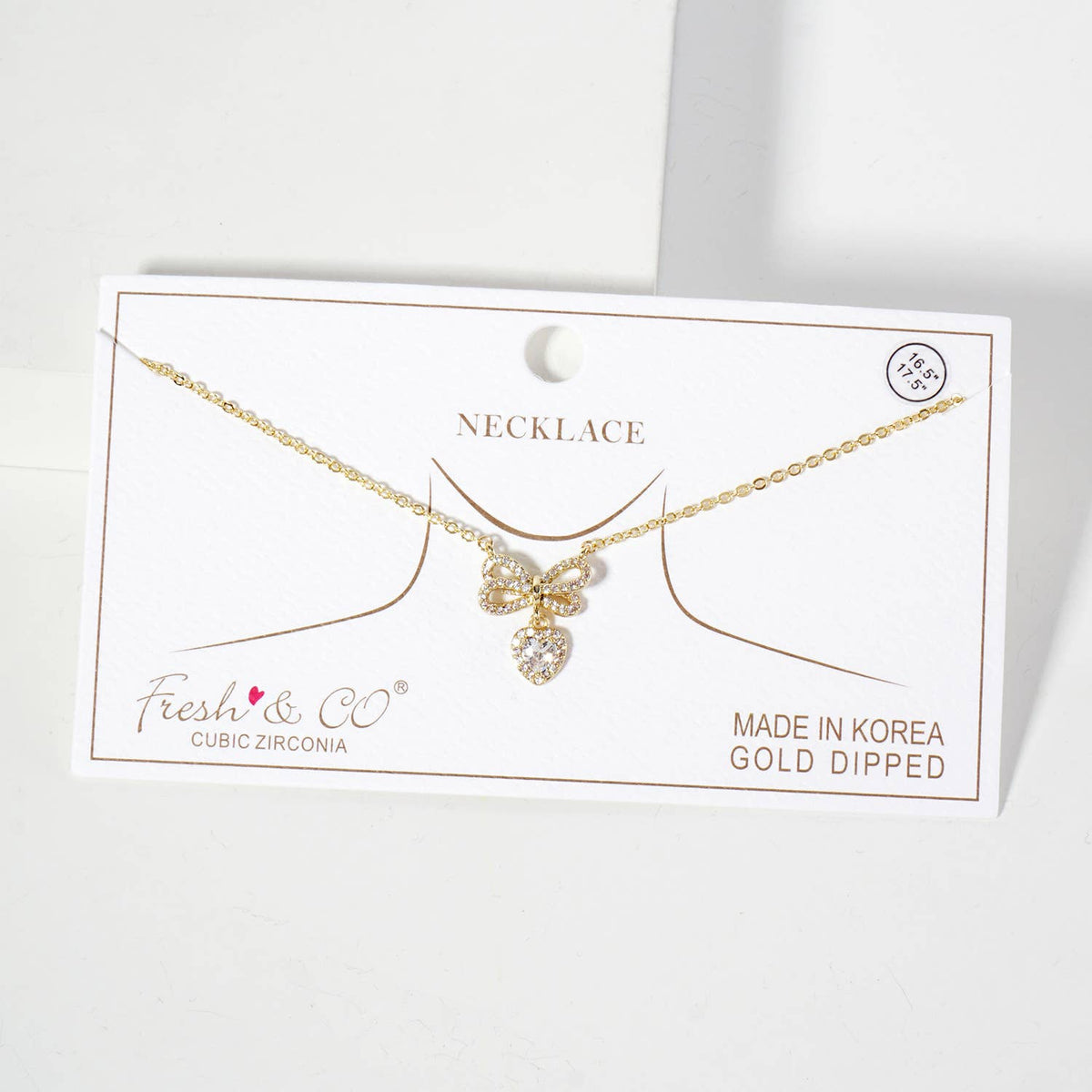 Heart CZ Drop Bow Pendant 18K-Gold-Dipped Brass Necklace