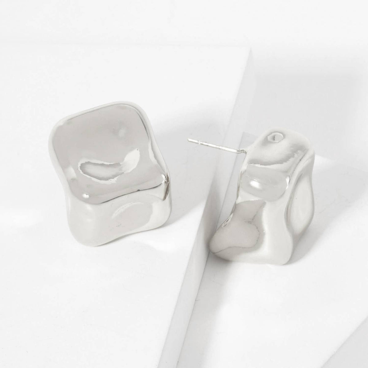 Polished Hand-Molded Organic Square-Shaped Stud Earrings
