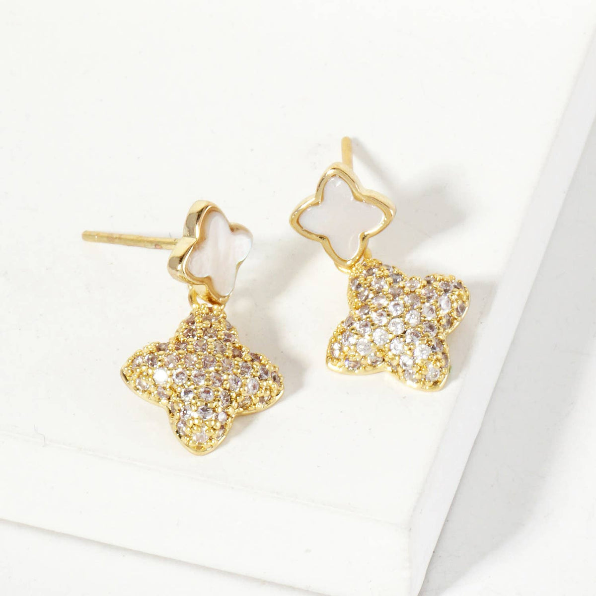 6-10mm Pave-Set Double Quatrefoil Drop Dangle Earrings