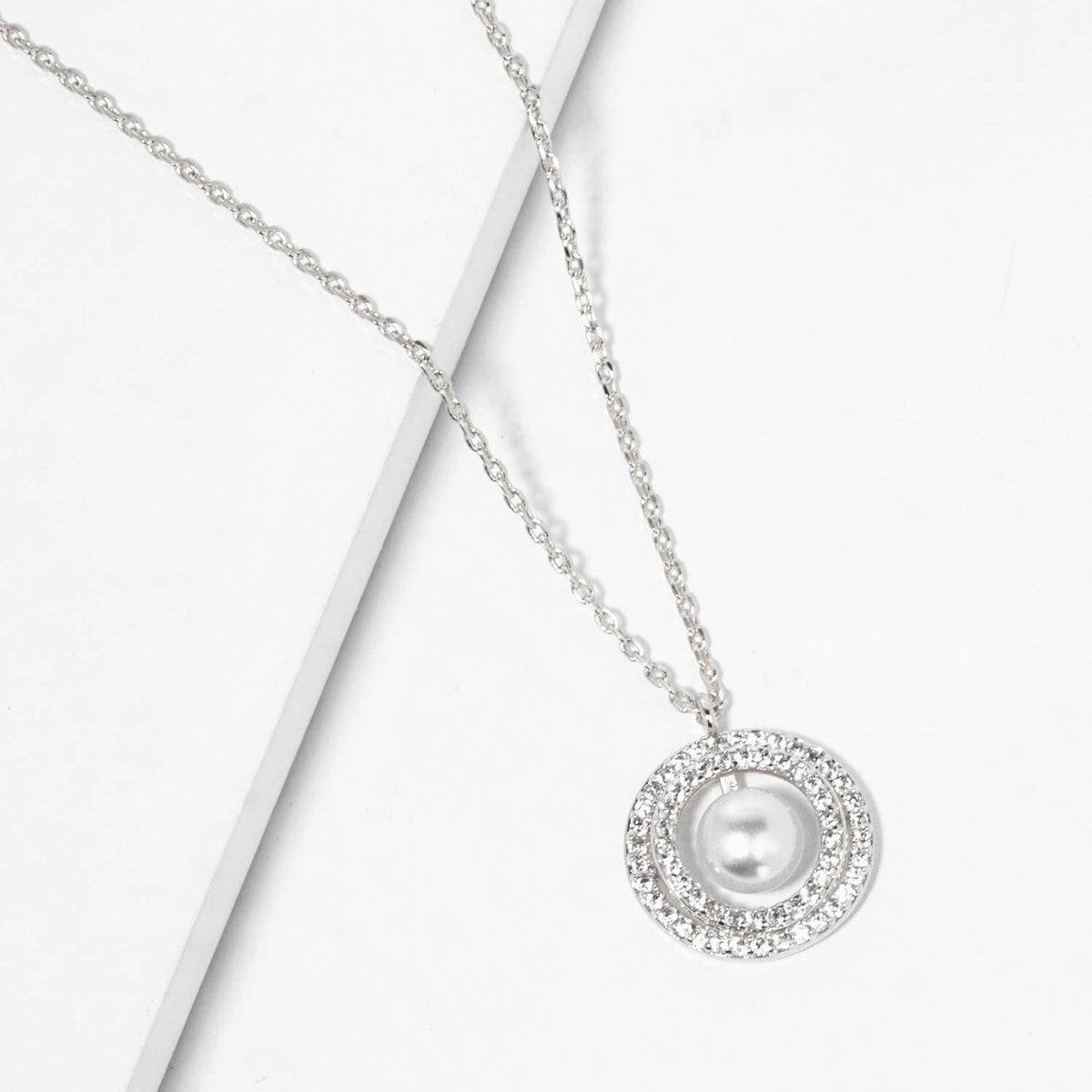 18K Gold Dipped CZ Pave Double Circle Pearl Pendant Necklace