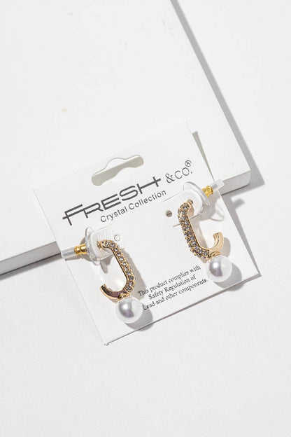 Crystal J-Hook Pearl Drop Earrings – Pavé Curve with Pearl