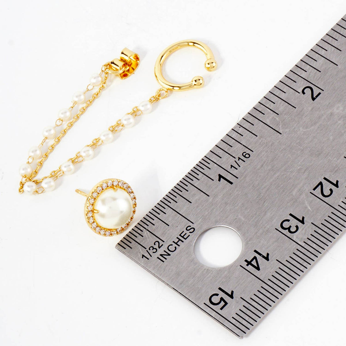 Pearl Surrounded with Ear Cuff Drape Chain Earring Set