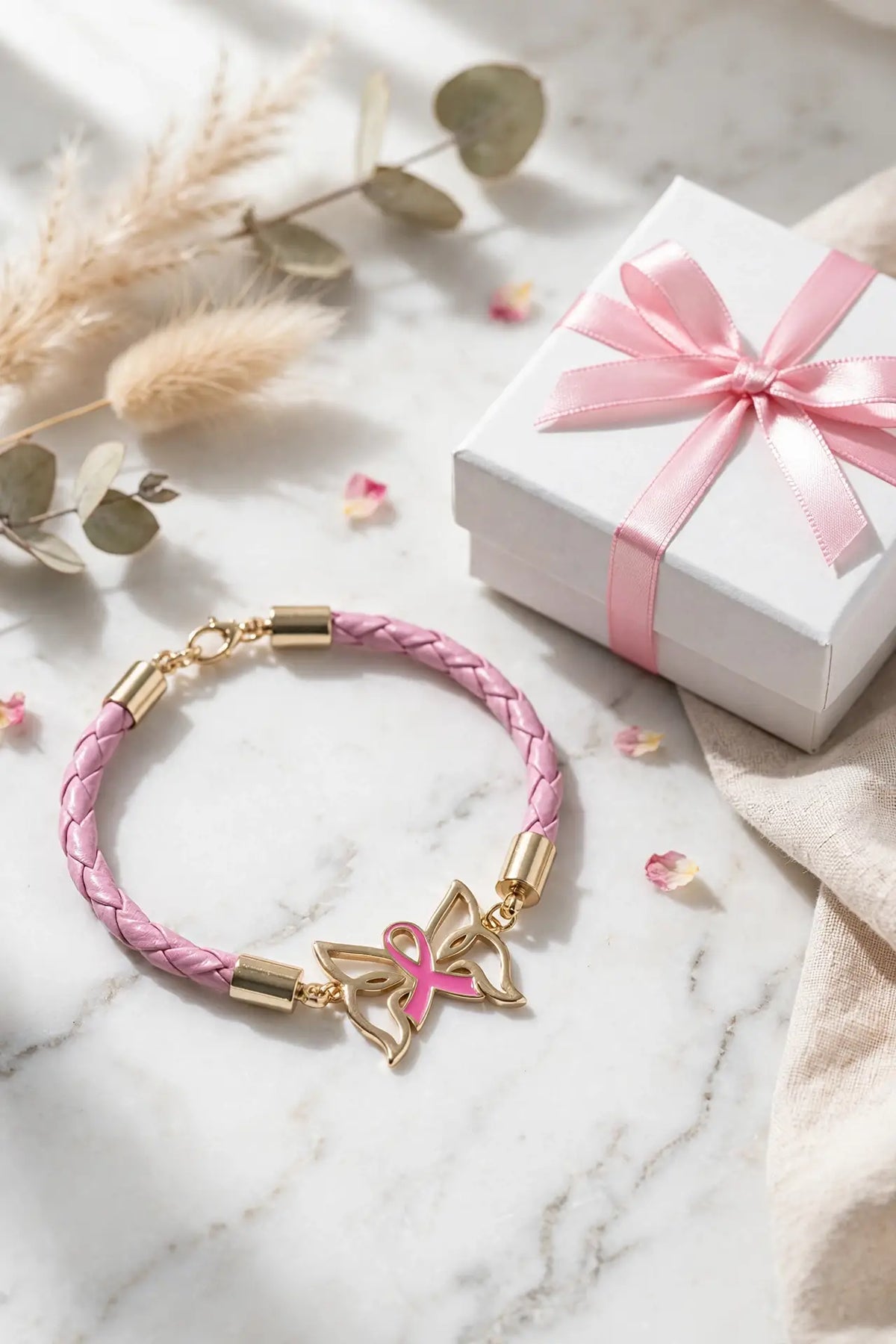 Pink Ribbon Butterfly Bracelet – Gold-Dipped Braided Charm