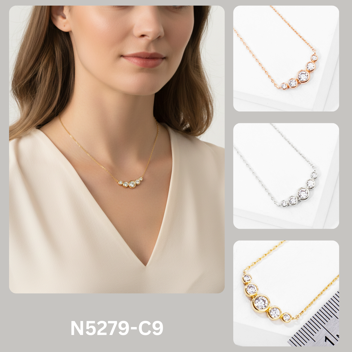 Graduated Five-Stone Bezel CZ Curve Necklace