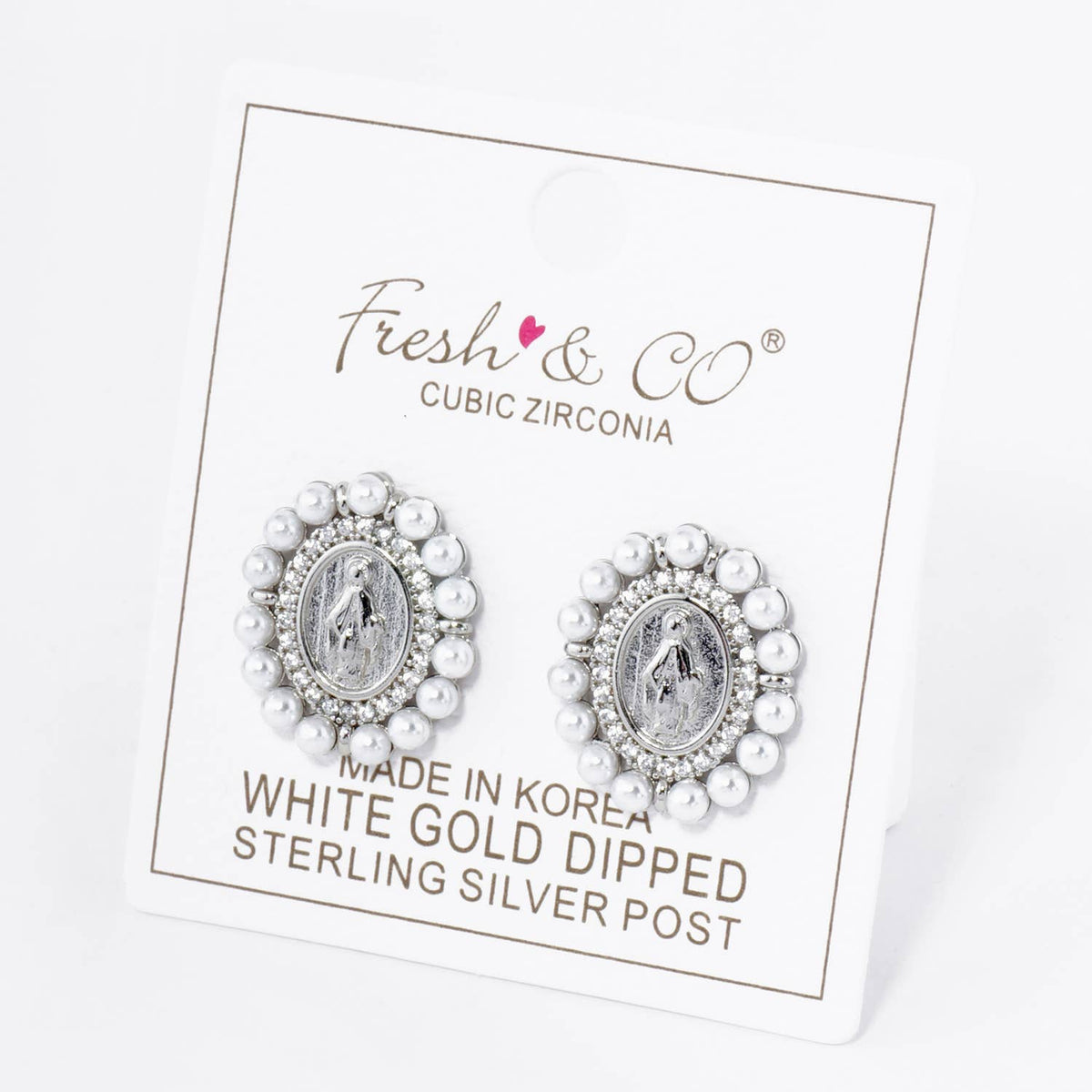 3MM PEARL BEADED CZ OVAL MIRACULOUS MEDAL STUD EARRINGS