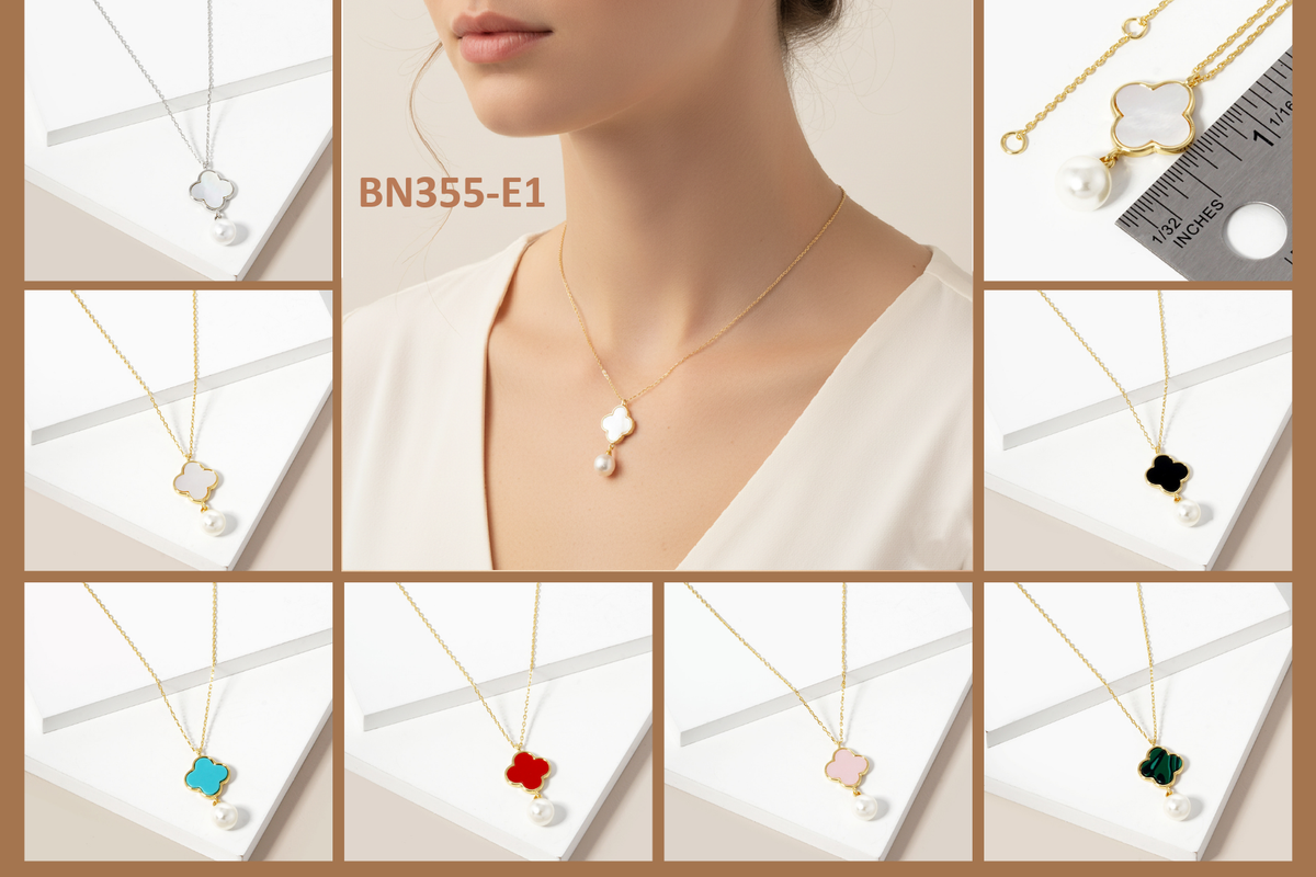 Clover Inlay & Pearl Drop Charm Necklace