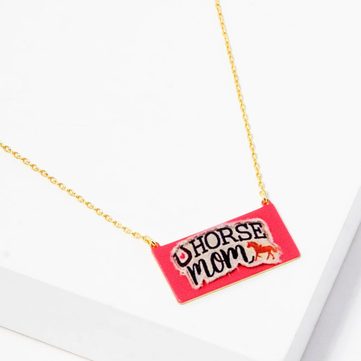 Horse Mom Enamel Bar Pendant Necklace