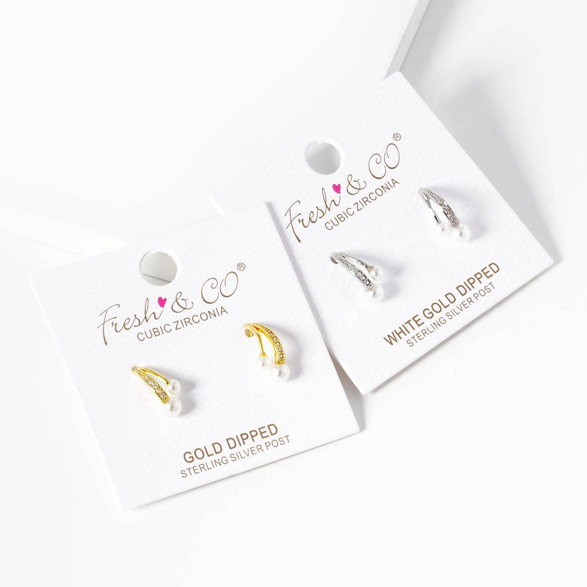 Dainty Pave Cubic Zirconia & Double Pearl Open Hoop Earrings