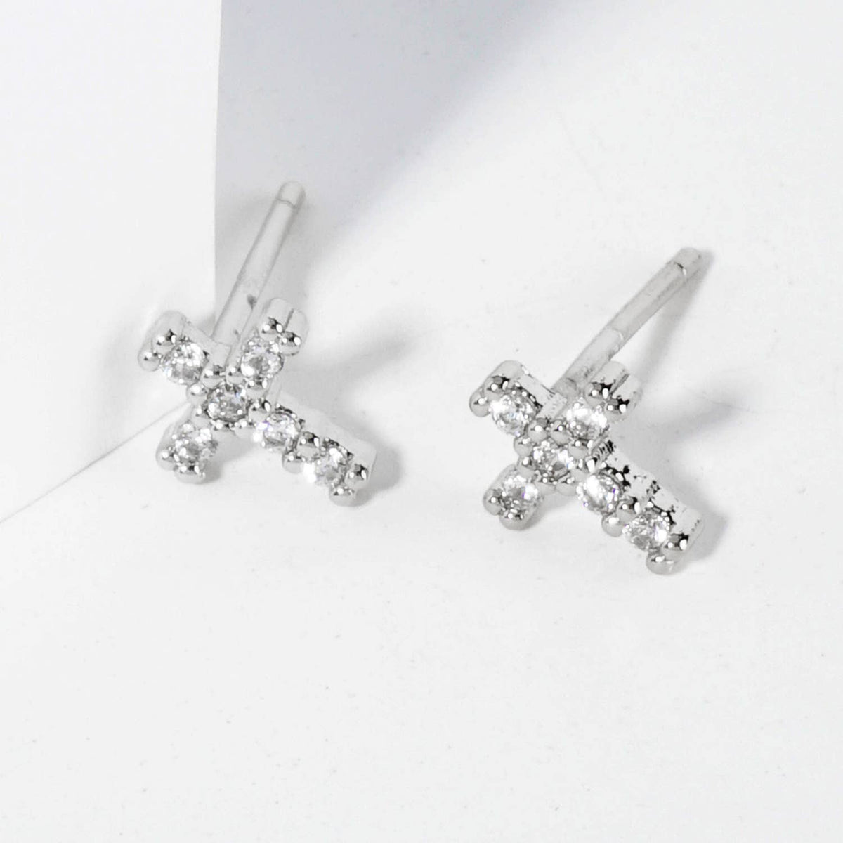 TINY CUBIC ZIRCONIA CROSS STUD EARRINGS / 18K GOLD DIPPED