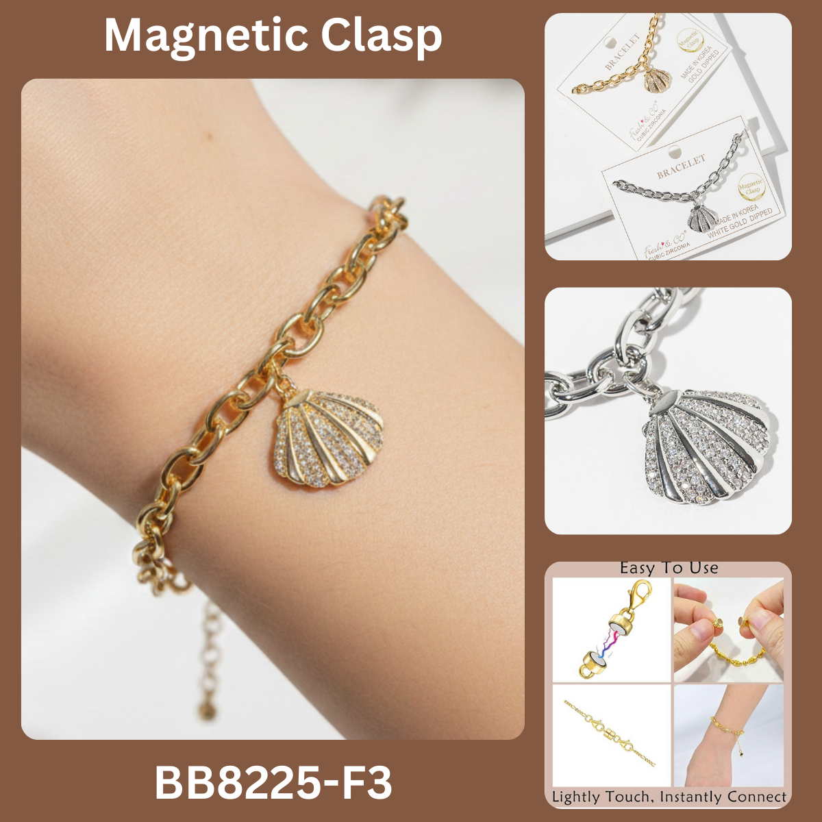 Cubic Zirconia Seashell Magnetic Clasp Link Chain Bracelet