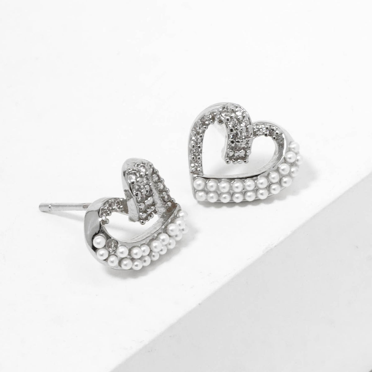 Dazzling Pave Heart & Pearl Accent Stud Earrings