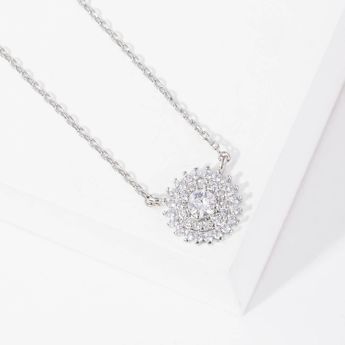 Cubic Zirconia Starburst Halo Pendant Necklace
