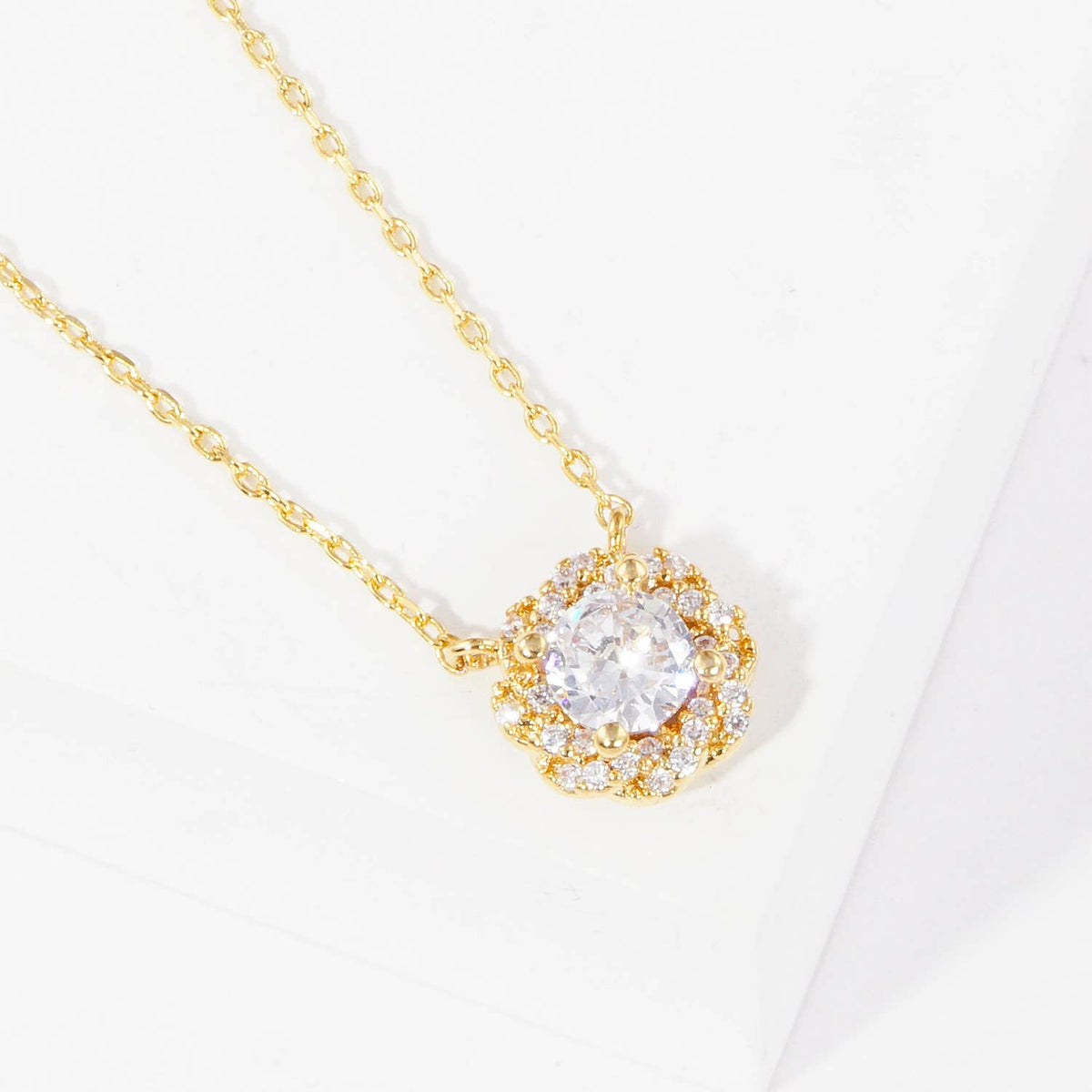 Elegant Cubic Zirconia Floral Halo Pendant Necklace