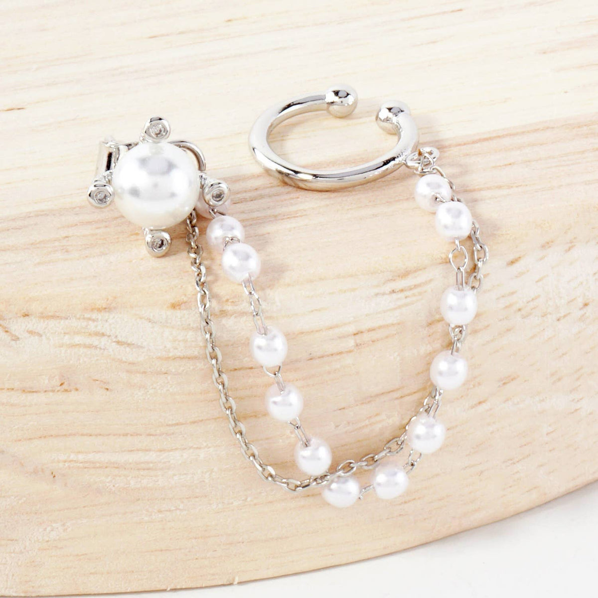 4-Prong 6mm Pearl Stud and Ear Cuff Drape Chain Earring Set