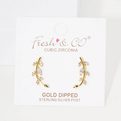 Gold Cubic Marquise Leaf Crawler Earrings