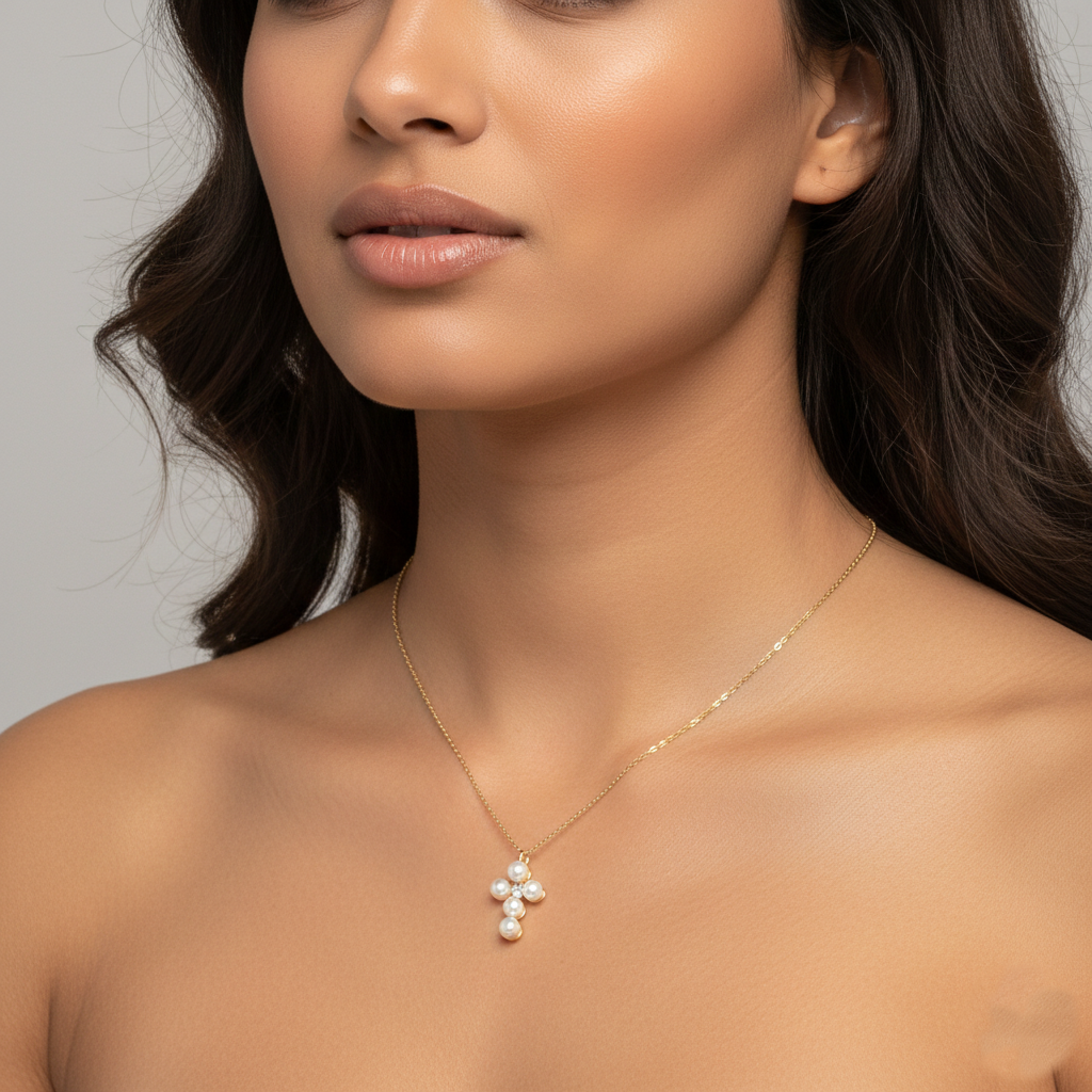 Gold Dipped Pearl & Cubic Zirconia Cross Charm Necklace