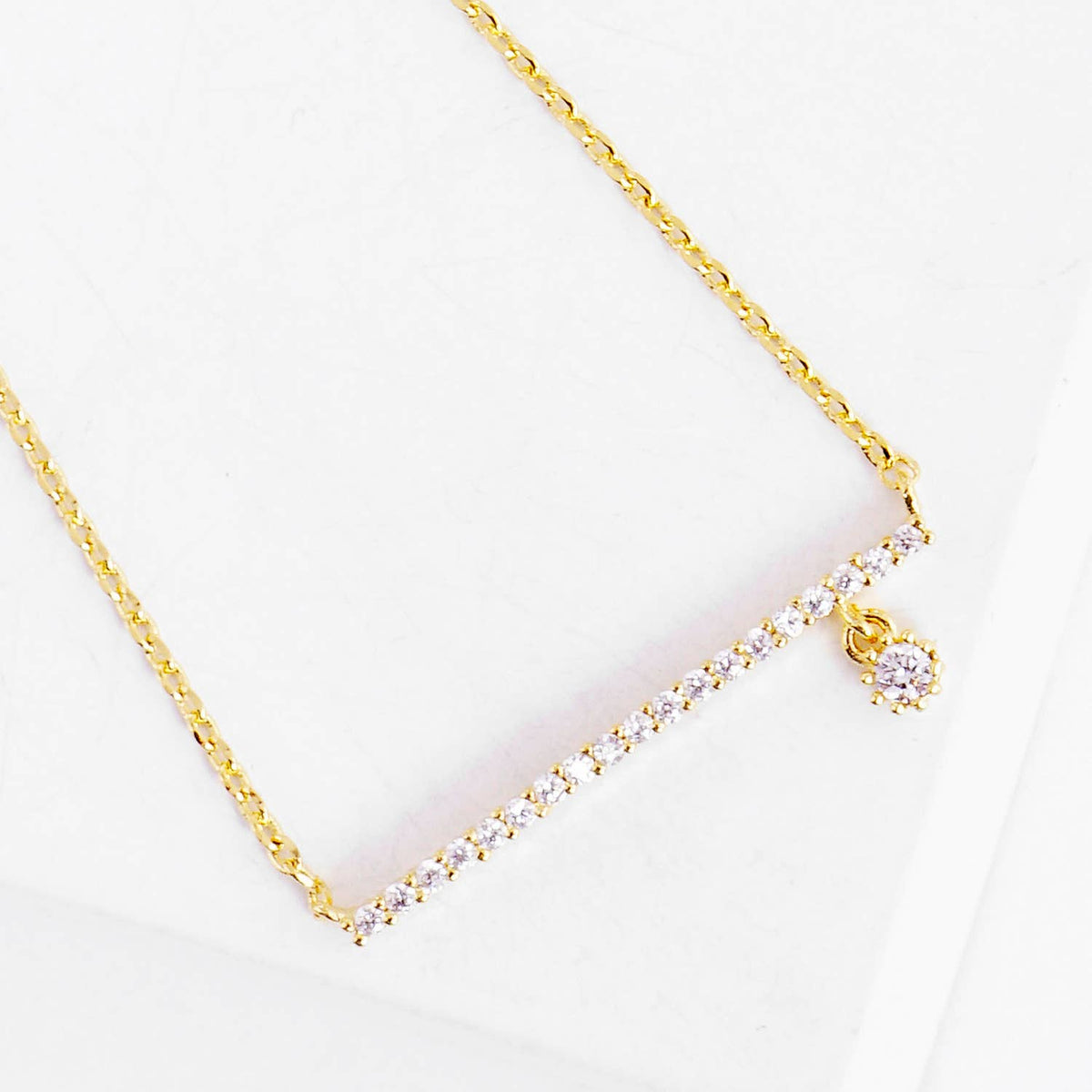 Delicate CZ Pave Horizontal Bar & Drop Charm Necklace