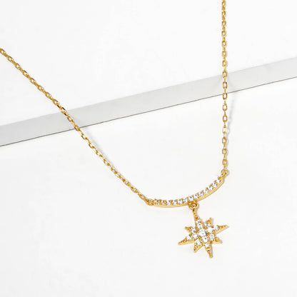 Minimalist Pave Curved Bar & North Star Charm Necklace