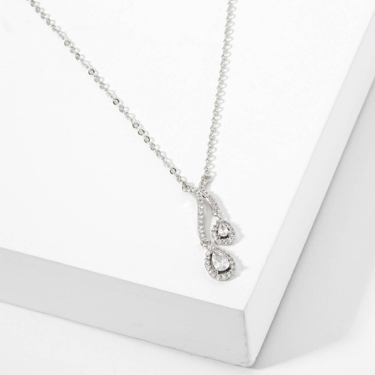 Teardrop CZ-Stones Pendant Curved-Design Necklace