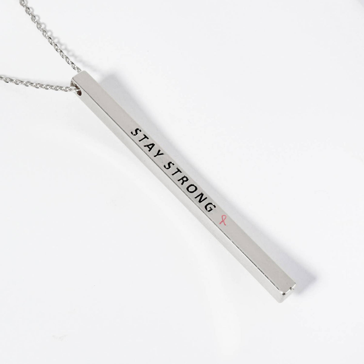 "STAY STRONG" Bar Pendant Necklace with Pink Ribbon Accent