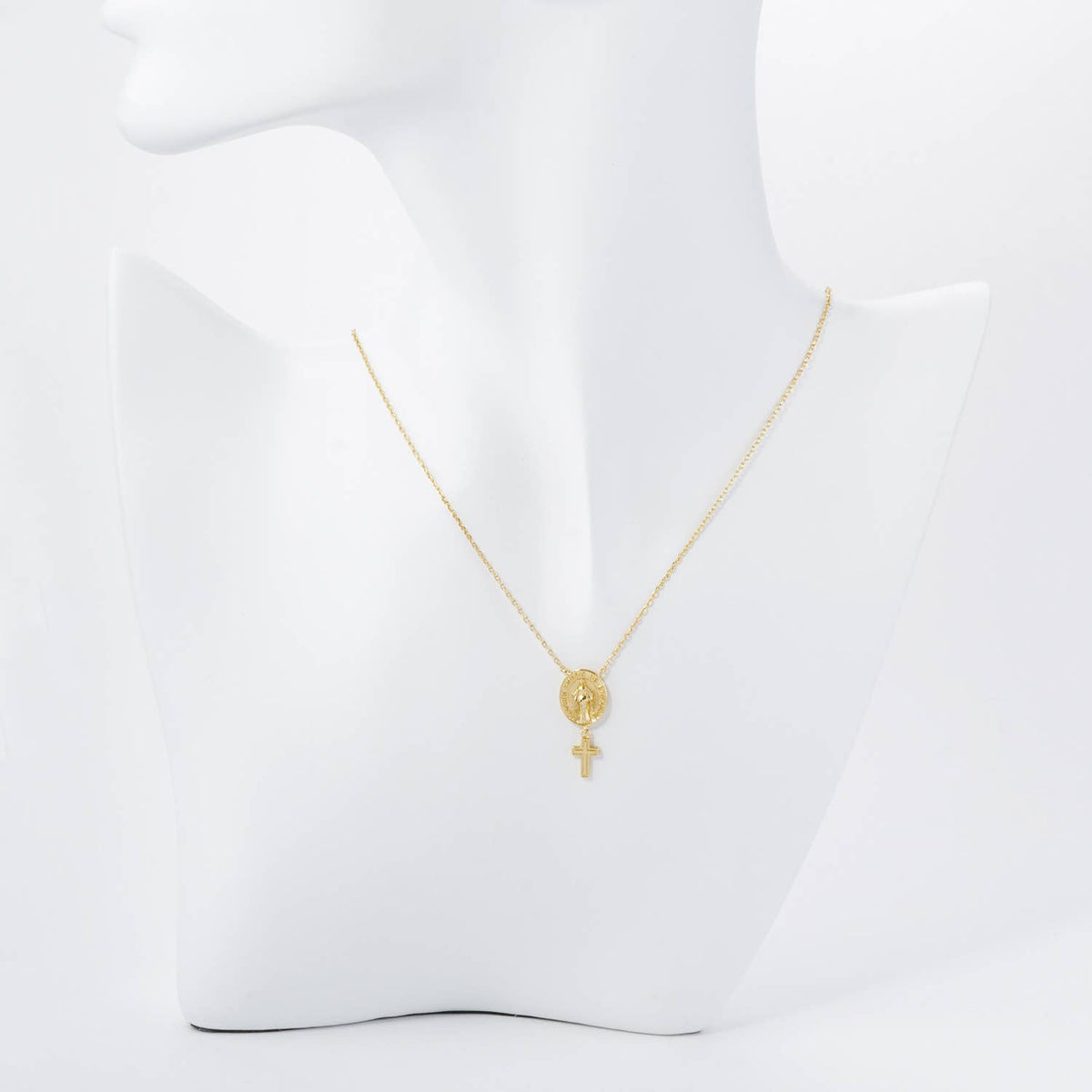Gold Dipped Virgin Mary & Cross Double Pendant Necklace