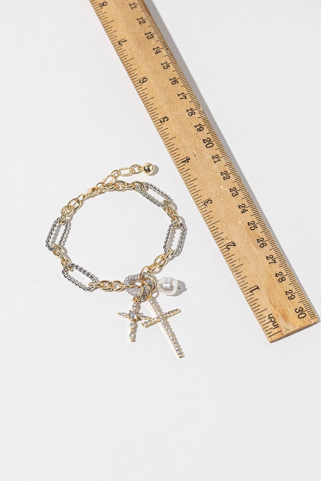 Mixed Metal Cross & Pearl Charm Bracelet