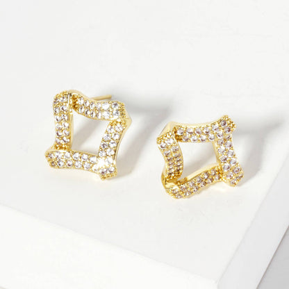 Pave-Set Rhombus-Shaped 16mm 18K-Gold-Dipped Stud Earrings