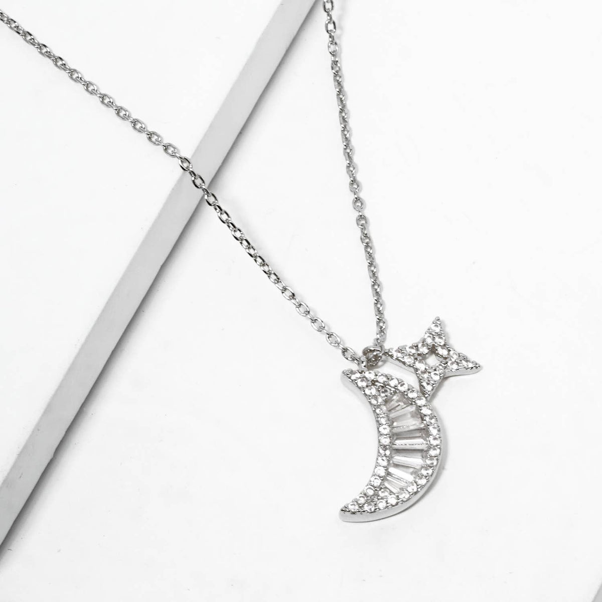 18K Gold Dipped CZ Pave Crescent Moon Pendant Necklace